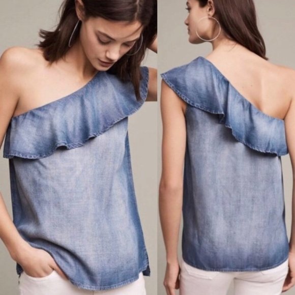 Anthropologie Cloth and Stone Chambray Tencel One Shoulder Top Blue Sz XS - Picture 1 of 3